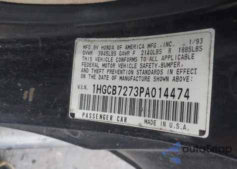 1993 Honda Accord Ex from USA, damaged, VIN 1HGCB7273PA014474